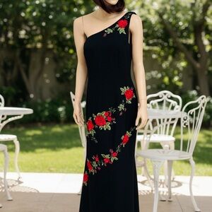 Maggy London Black One-Shoulder Dress with Red Rose Embroidery Size 10